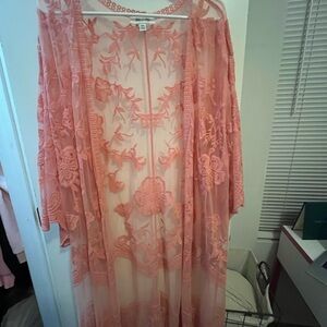 Elegant Coral Lace Kimono Robe